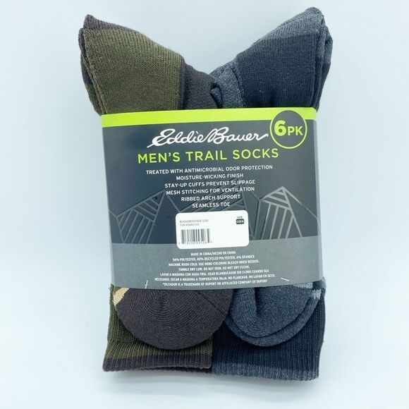 Eddie Bauer Men’s 6 PK Trail Socks 6-12 Black and Green - Picture 4 of 4